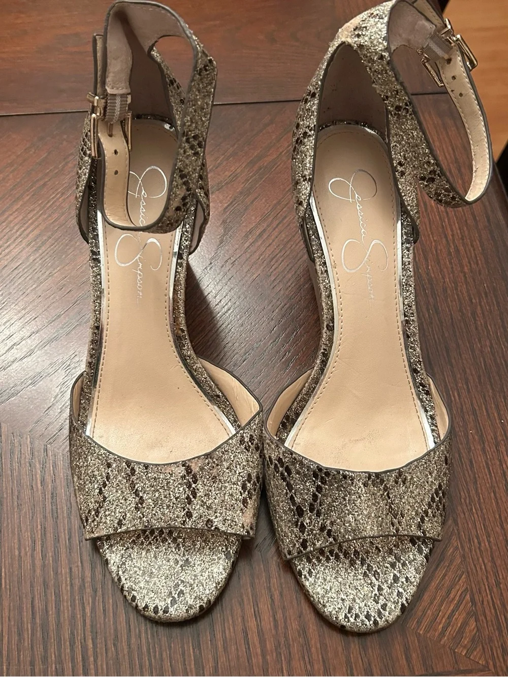 Jessica Simpson Metallic Gold Snake-Print Wedge Sandals Size 8.5